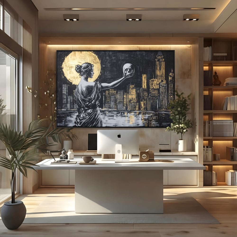 Tablou canvas cu tablou canvas cu femeie si craniu, in rama de aluminiu negru, pe perete intr-un birou
